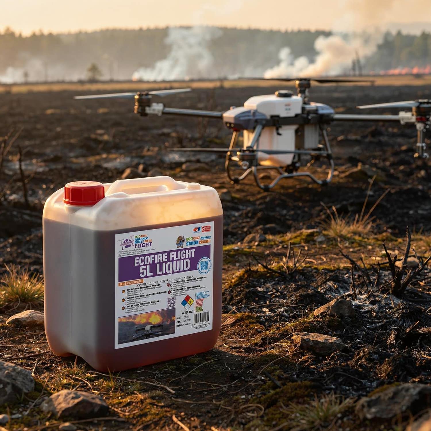 Bidon EcoFire 5 L posé sur la terre, en arrière plan un drone de pulvérisation et encore en arrière une zone de feu en train de s'éteindre