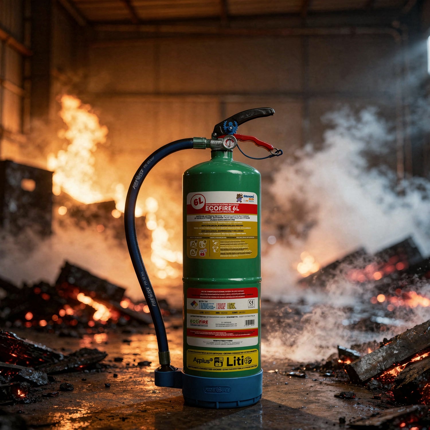 Extincteur 6L Ecofire posé au sol avec en arrière plan un feu dans un batîment