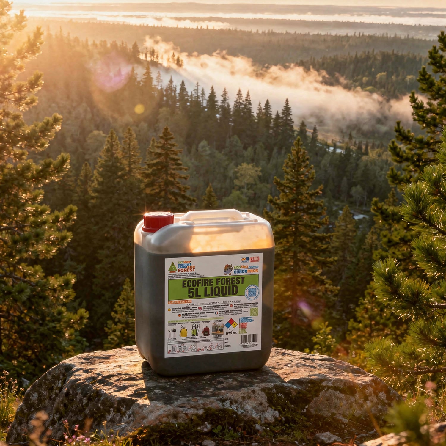 Bidon de 5 L d'une solution de lutte contre les incendies posée sur un rocher avec en arrière plan un feu de forêt