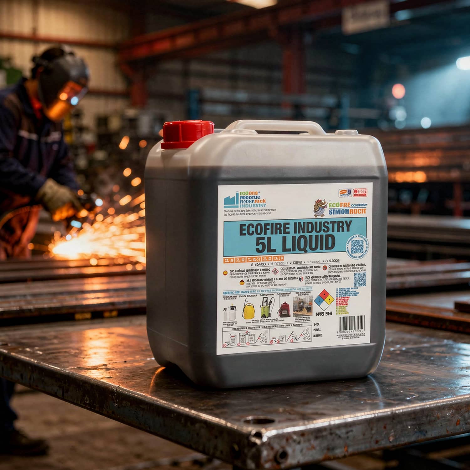 Un bidon de 5 L de solution de lutte contre les incendies en milieu industriel posé sur une table avec en arrière plan un homme en train de souder