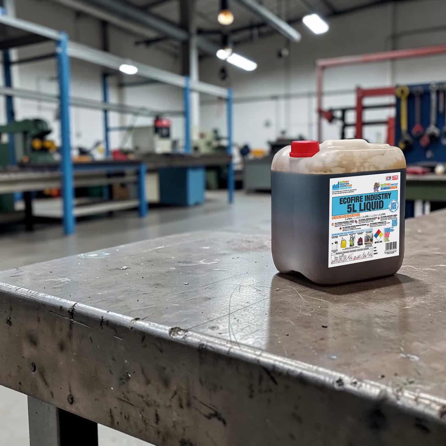 Bidon de 5 L de solution de lutte contre les incendies posé sur une table industrielle dans un atelier