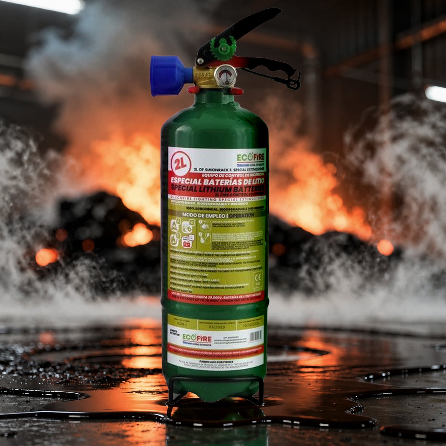 Extincteur 2 L posé sur le sol en arrière plan du feu
