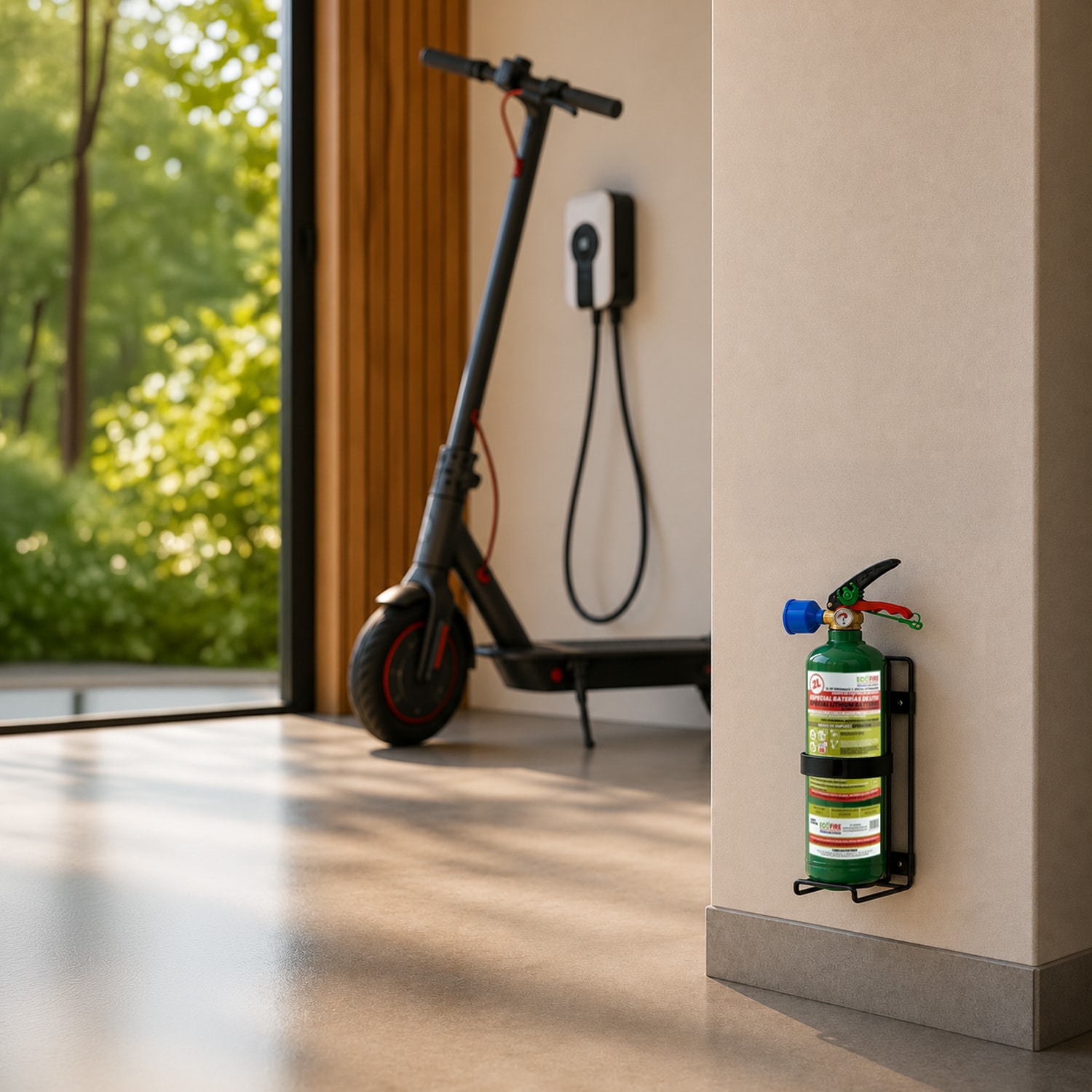 Extincteur certifié lithium fixé sur un mur, en arriere plan une trotinette