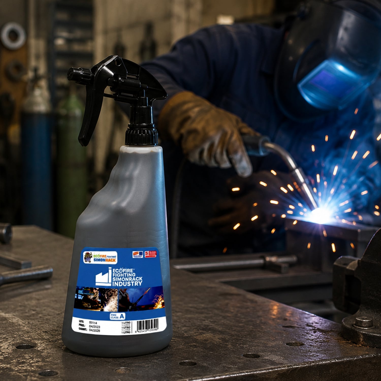 Spray pulvérisateur Ecofire industrie 1 L posé sur un établi dans un atelier de soudure