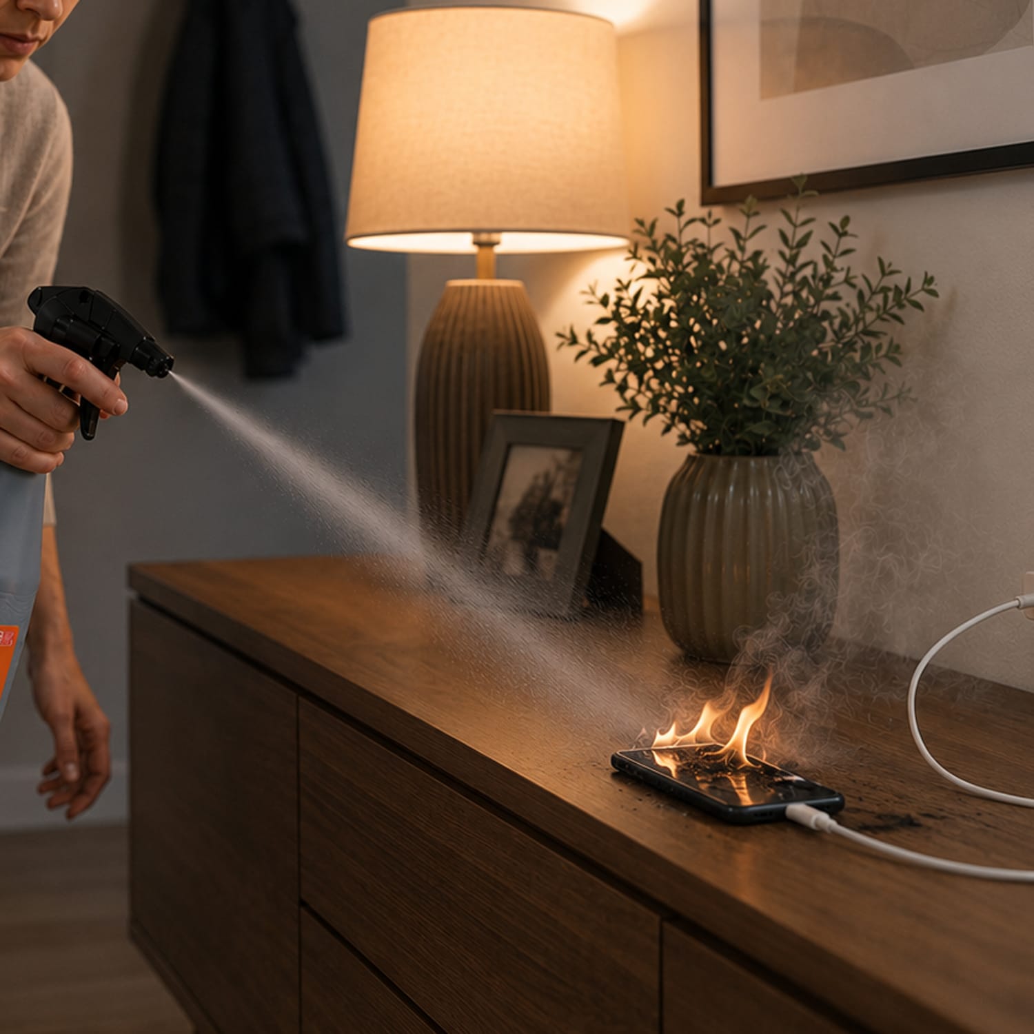Femme pulvérisant une solution anti incendie sur un téléphone portable en feu
