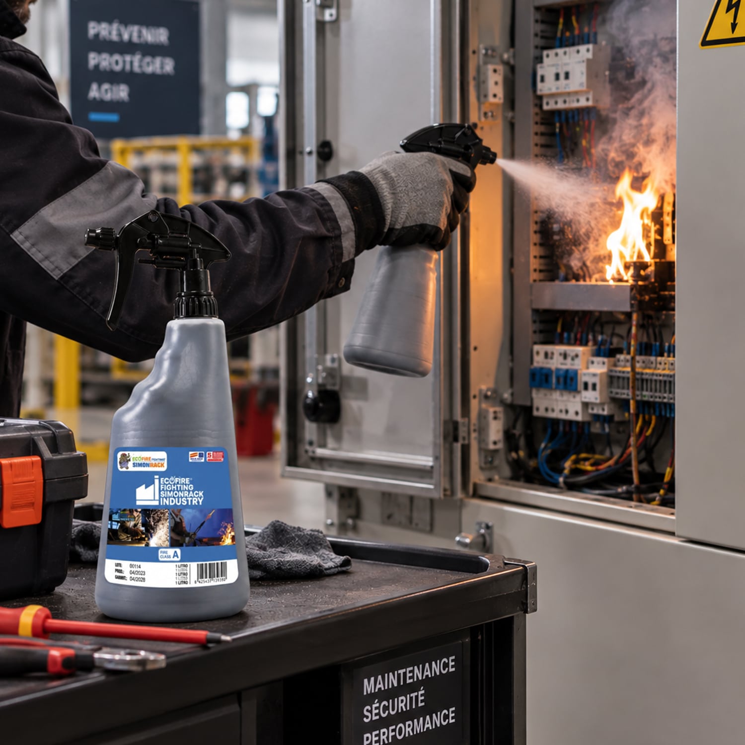 Vaporisateur d'un litre pour l'atelier : traitement préventif avant soudure et découpe, extinction sur équipements sous tension et batteries lithium.